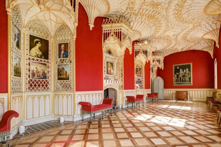 The Gallery, its fan-vaulted ceiling and gold ornament above a parquet floor, Strawberry Hill House