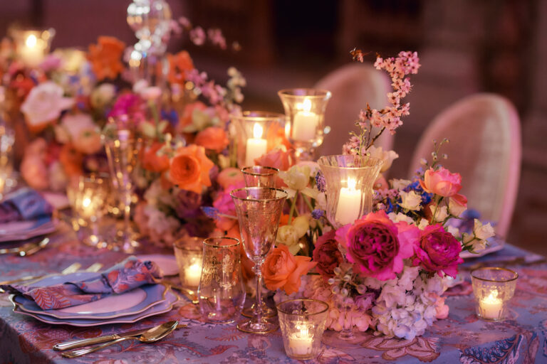 Candlelit table flowers at a wedding dinner in Venice, Stuart Wood Photography