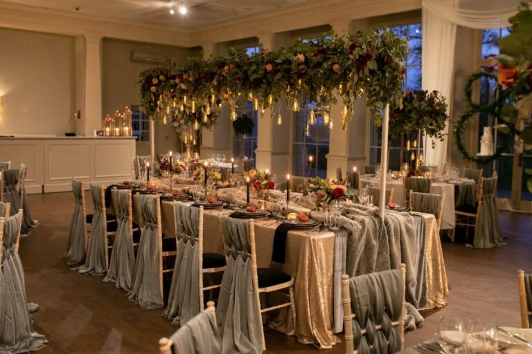 The Orangery Set for a Wedding Breakfast with Garlands and Fairy Lights, Stubton Hall