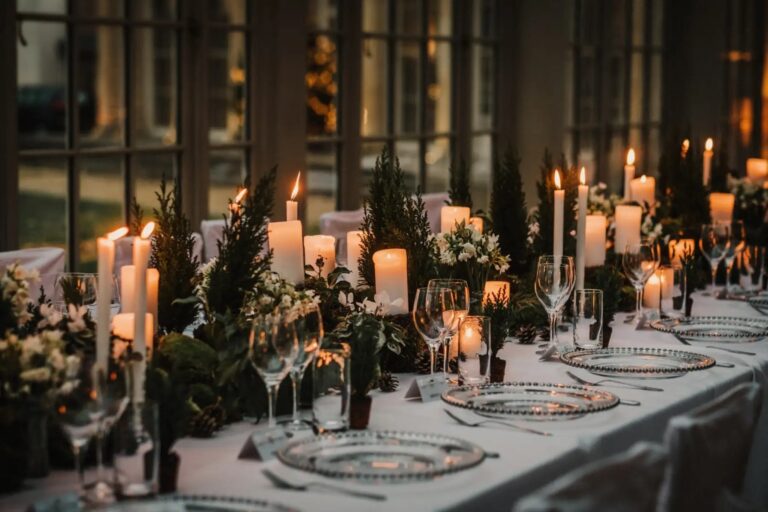 A Long Wedding Table Dressed with Tapers and Greenery, Stubton Hall