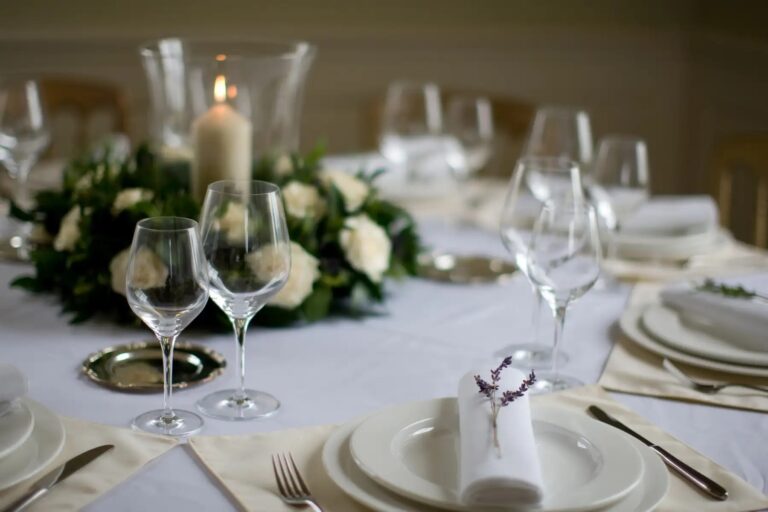 Classic Table Setting with White Roses and Candlelight, Stubton Hall