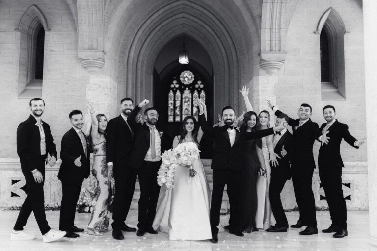 Black and white: the bridal party celebrating under the Neo-Gothic arches of St James Church, Florence, Studio Fotografico Bacci