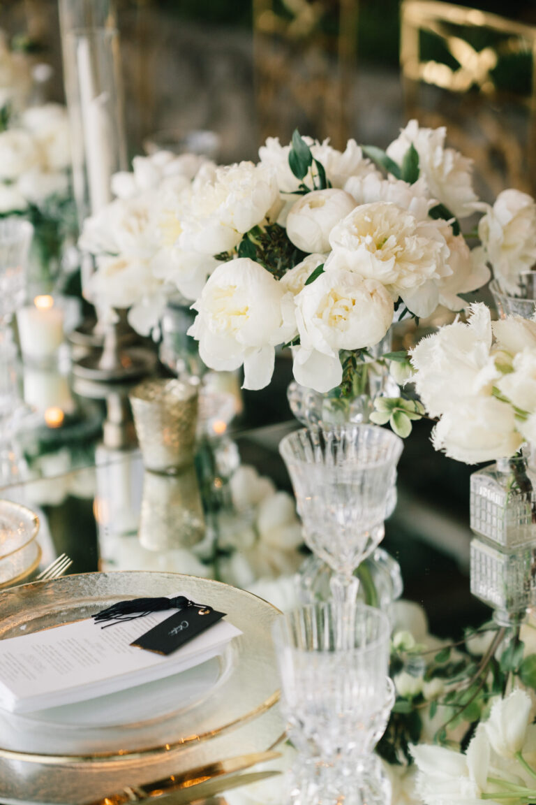 White peonies, cut crystal and gold-rimmed plates on the Amalfi Coast dinner table, Suellen Fernandes Weddings & Celebrations