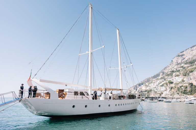 A sailing yacht off the Amalfi Coast, hired for a pre-wedding party, Suellen Fernandes Weddings & Celebrations