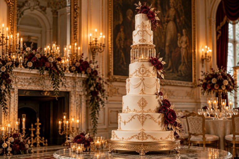 A grand multi-tier wedding cake in a candlelit stately room, Sugar and Spiced Cakes