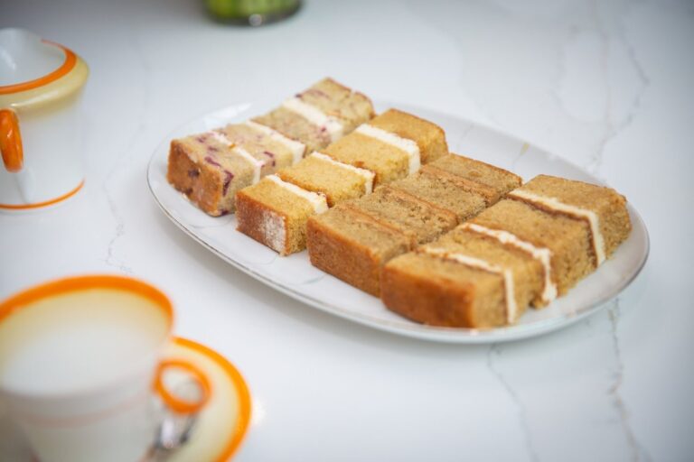 Cake samples served with tea, Sugar and Spiced Cakes