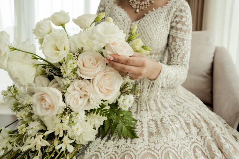 Bridal bouquet of white roses, SunHorse Weddings