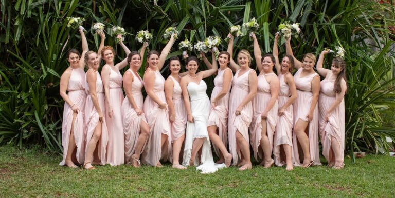 Bridal party in blush dresses, SunHorse Weddings