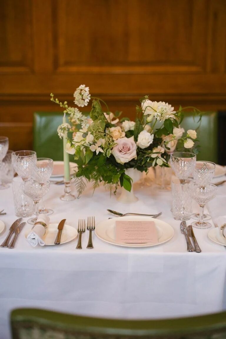A round table centrepiece in white and blush, The Ned, Sweet Pea Floral Design