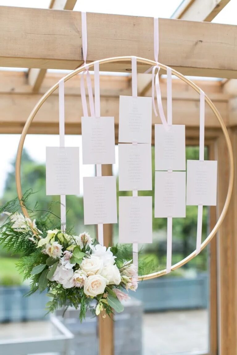 A hanging table plan, dressed with white and green flowers, Gaynes Park, Sweet Pea Floral Design