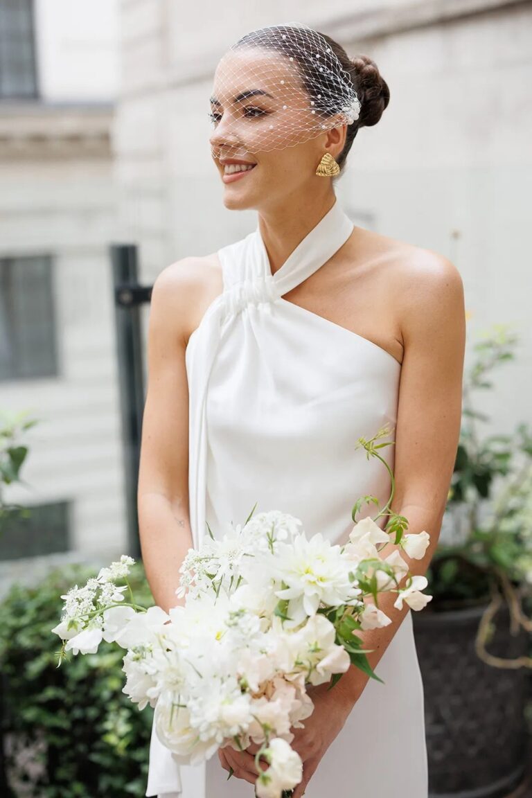 Emily's bridal portrait, a bouquet of white and cream blooms, The Ned, Sweet Pea Floral Design
