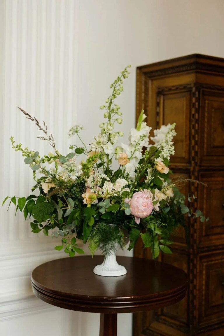 A low arrangement of white and blush flowers, The Ned, Sweet Pea Floral Design