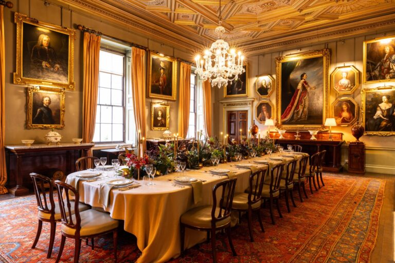 The Duke's Private Dining Room, hung with family portraits and lit by a chandelier, Syon Park