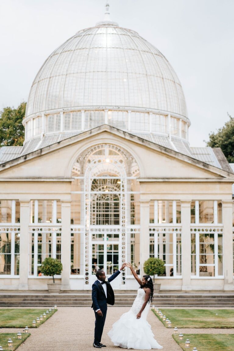 The couple photographed outside the Great Conservatory, Syon Park