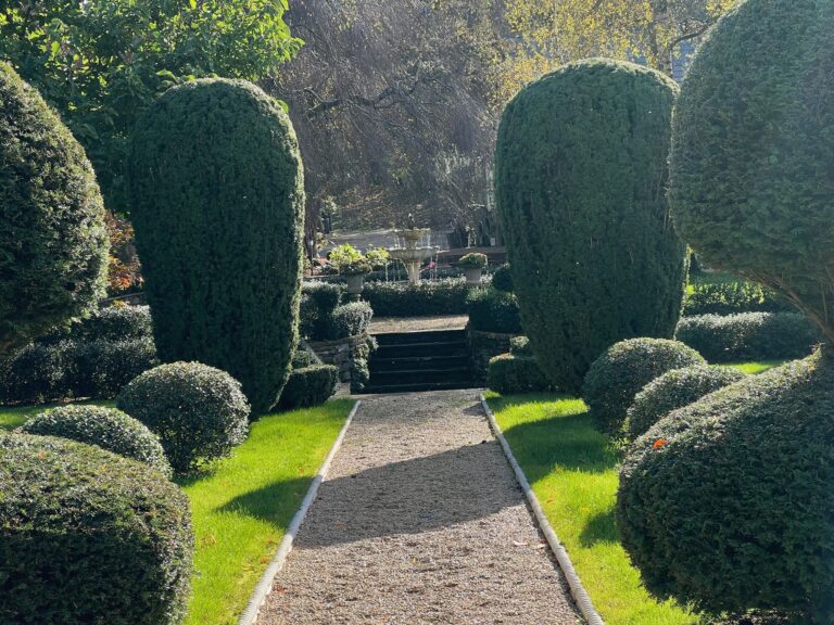 Topiary, fountain and meadow