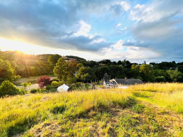 Hillside meadow above the Newland valley at sunset, looking towards the village, Tan House Newland