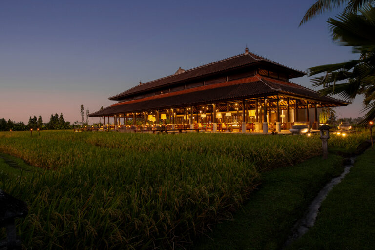 Dining pavilion at dusk beside the rice fields, Tanah Gajah, a Resort by Hadiprana