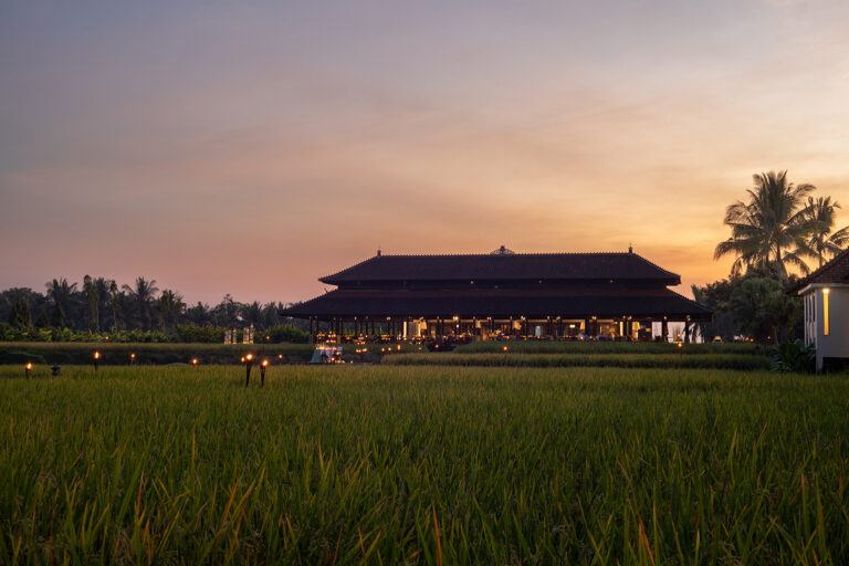 Pavilion across the rice paddies at sunset, Tanah Gajah, a Resort by Hadiprana