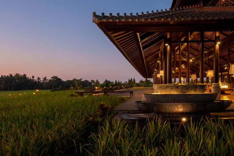 Pavilion terrace at dusk, Tanah Gajah, a Resort by Hadiprana
