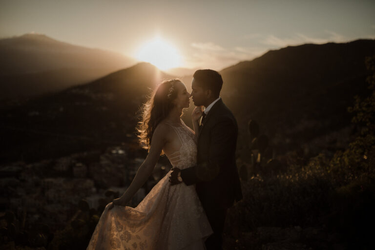 The couple at sunset in the hills above Taormina, Taormina Weddings