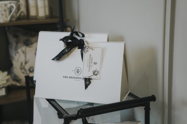 A TDR gift box tied with black ribbon, given to brides who order a dress, TDR Bridal