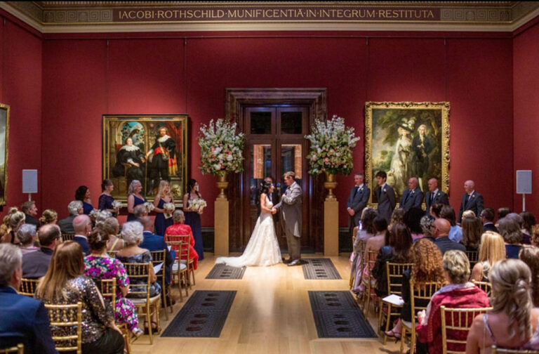 Wedding ceremony in a red-walled picture gallery, London, The Admirable Crichton