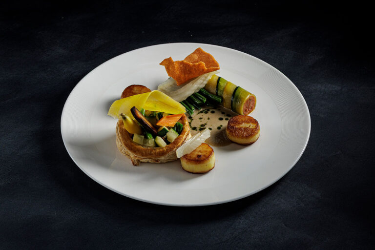 Vegetable pithivier with spring garnish, The Admirable Crichton