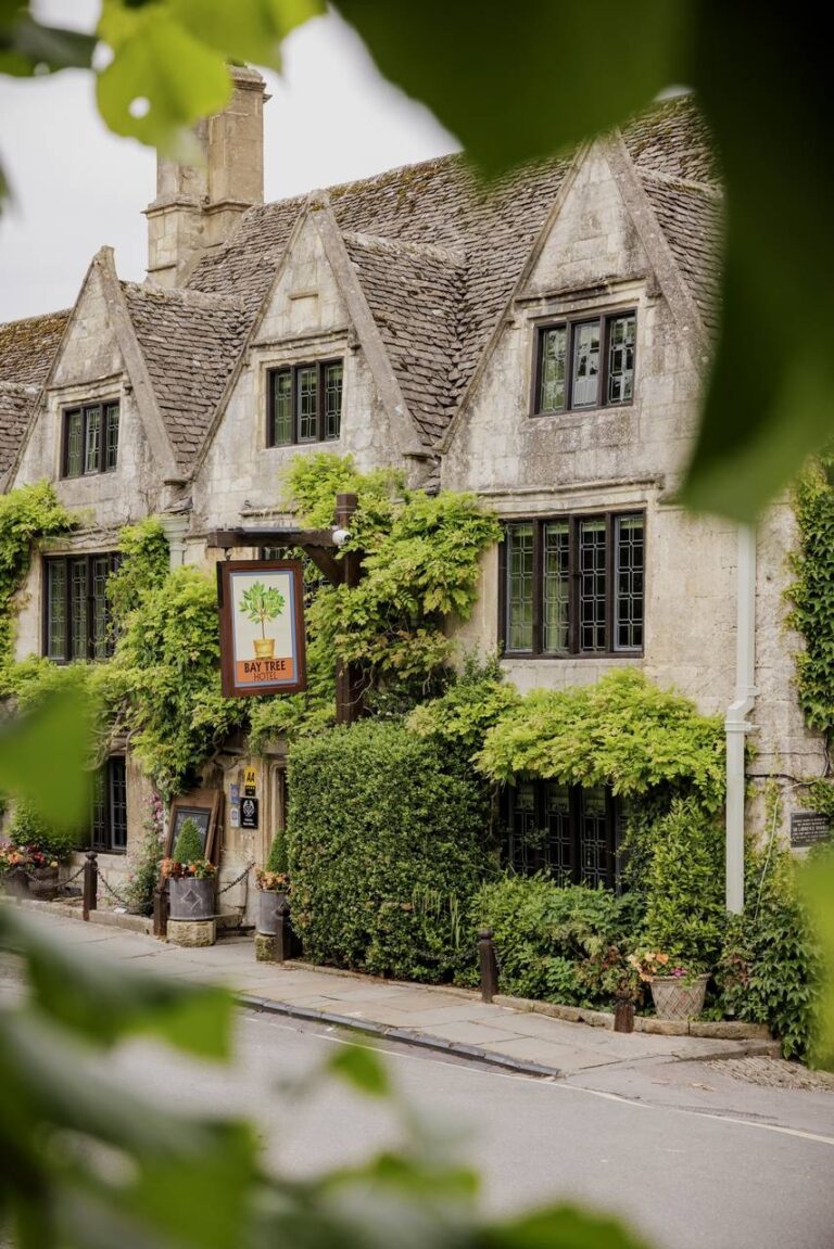 The ivy-clad facade and hanging sign framed by foliage, The Bay Tree Hotel