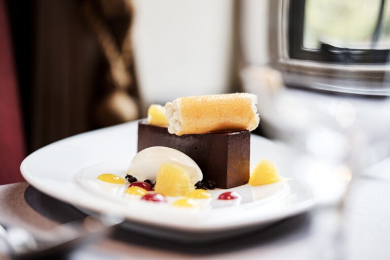 A plated dessert with sorbet, The Bay Tree Hotel