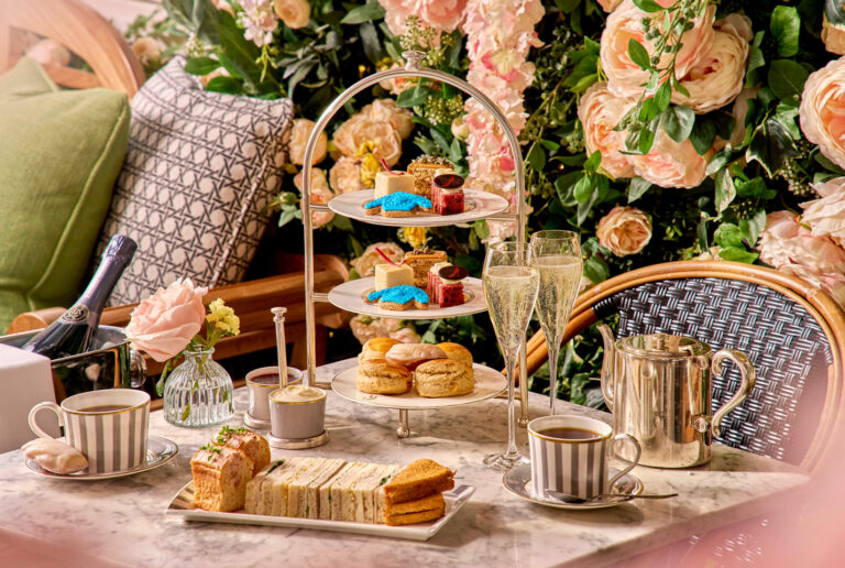 Afternoon tea on Dalloway Terrace, with a three-tier stand, sandwiches, scones and Champagne, The Bloomsbury