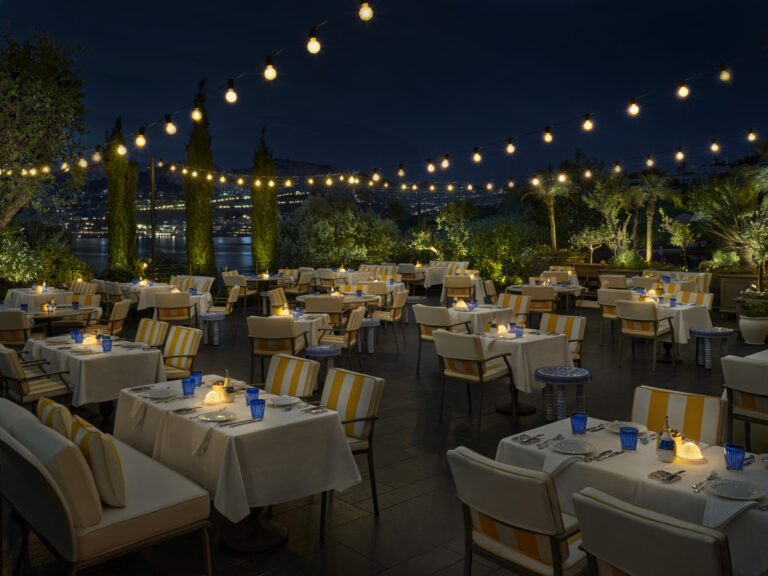 Terrace dining under string lights, The Bodrum Edition