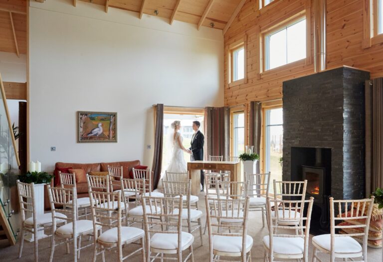 A ceremony set up in a Hunter Lodge, The Celtic Manor Resort