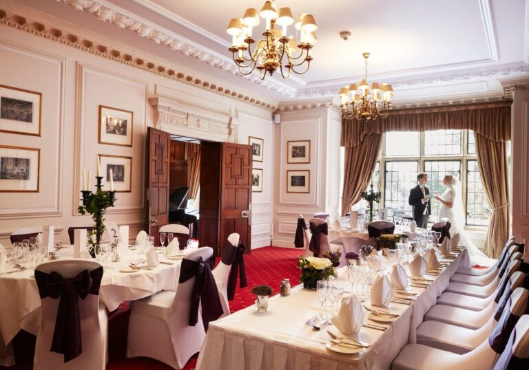 A wedding breakfast set up in the Manor House, The Celtic Manor Resort
