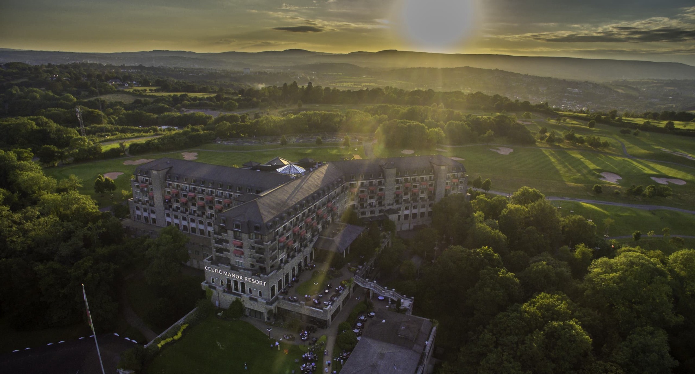 Aerial view of the Resort Hotel and the Usk Valley at sunset, The Celtic Manor Resort