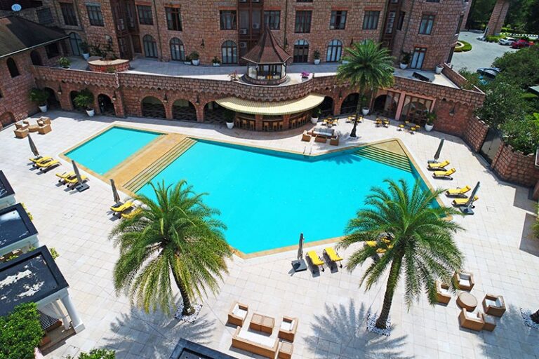 Swimming pool and palm-lined courtyard seen from above, The Chateau Spa and Organic Wellness Resort