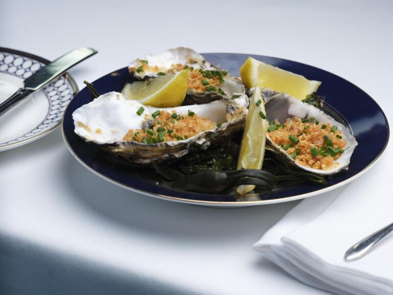 Baked oysters with a herb crumb and lemon, from The Anchor restaurant, The Chelsea Harbour Hotel