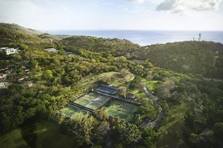 Aerial view of the Mustique tennis courts, The Cotton House