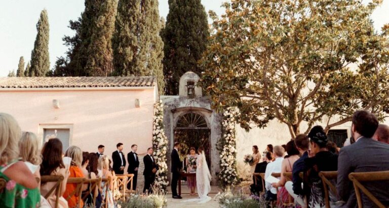 A wedding ceremony in the courtyard in front of the estate chapel, The Courti Estate