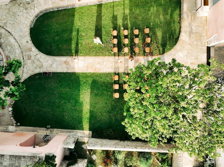 Aerial view of the lawn laid out for a ceremony, The Courti Estate