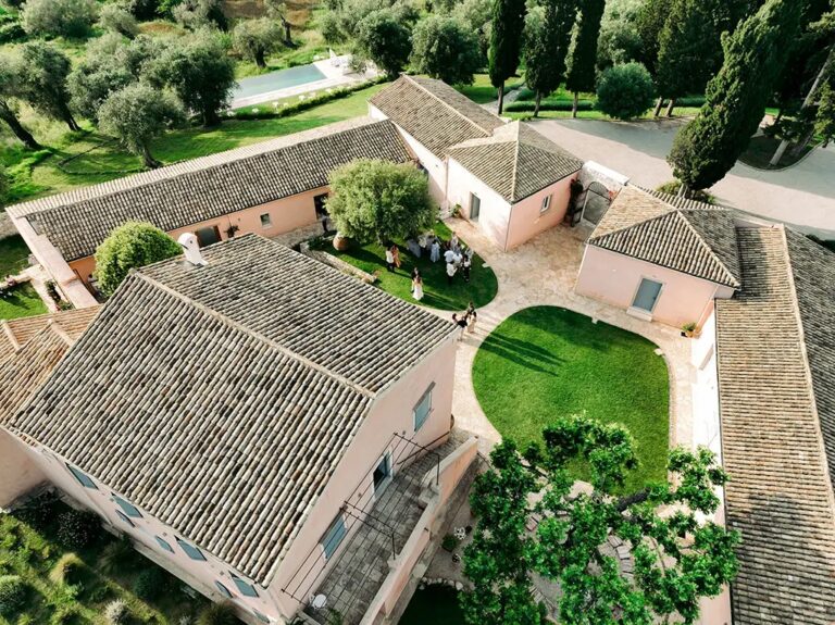 Aerial view of the courtyard and gardens, The Courti Estate