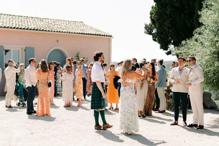 Wedding guests gathering in the courtyard, The Courti Estate