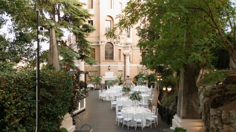 Reception tables in the garden of a historic villa, Rome, The Dream Wedding Lab