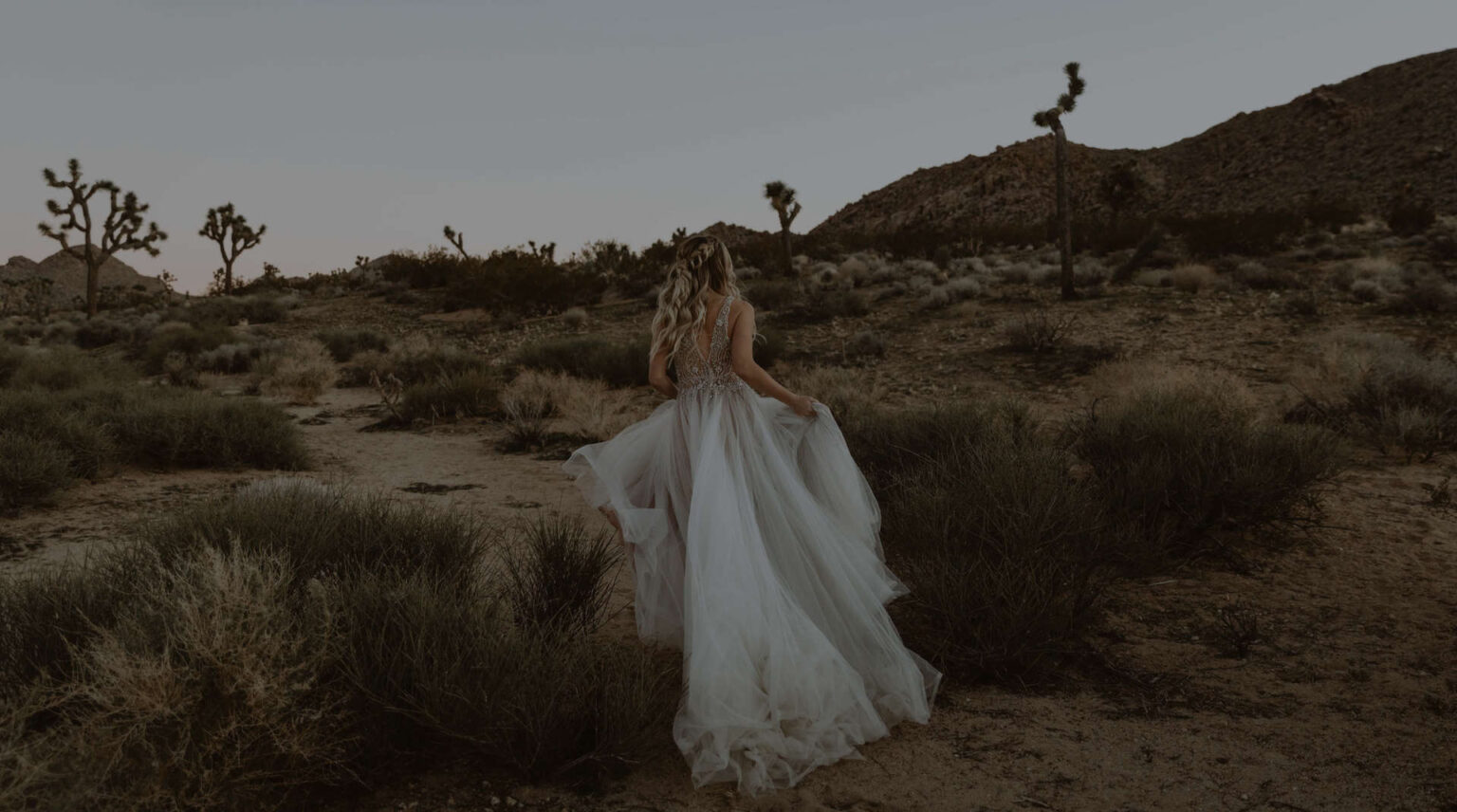 A bride in a flowing gown walking through dry scrubland under a soft sky