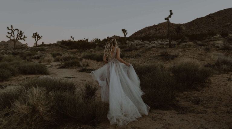 A bride in a flowing gown walking through dry scrubland under a soft sky, The Event Studio
