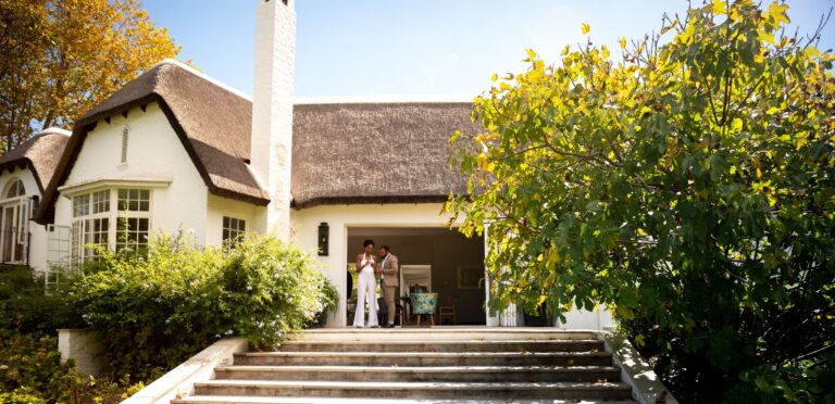 The thatched house and its entrance steps at Embassy Hill, The Forum Embassy Hill
