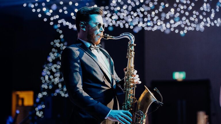 Saxophonist playing under a canopy of fairy lights, The Function Band