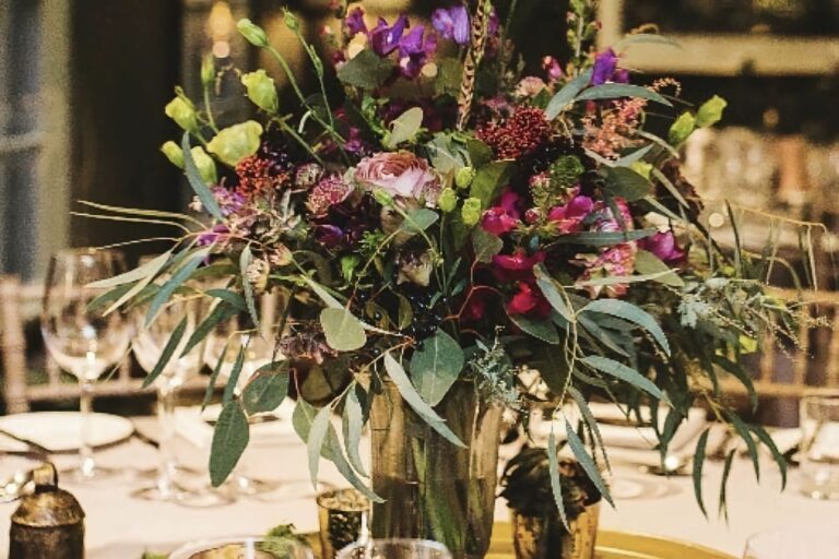 A wedding centrepiece of garden flowers, The George in Rye
