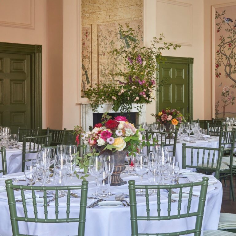 The Georgian Ballroom set for a wedding breakfast, its Chinoiserie walls behind, The George in Rye