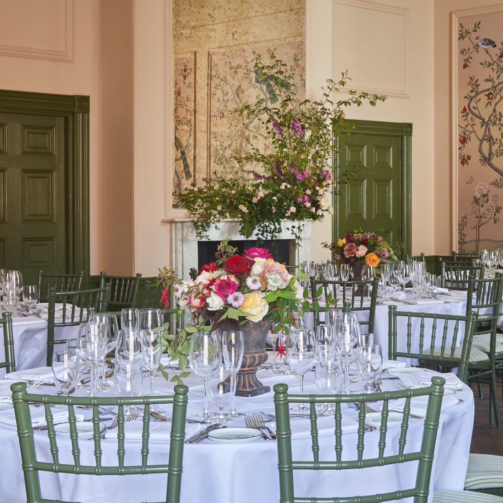 The Georgian Ballroom set for a wedding breakfast, its Chinoiserie walls behind, The George in Rye
