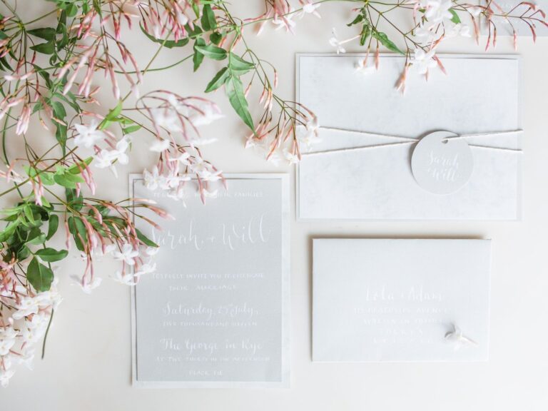 Wedding stationery, dressed with jasmine, The George in Rye